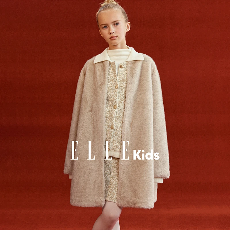 ELLE KIDS童装 仿貂毛皮草女童冬季2025圆领百搭中长款大衣外套D6