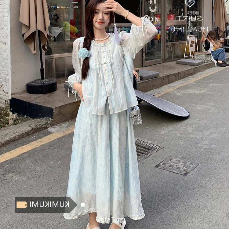 薄荷曼波套装设计感国风晕染衬衫女夏季A字裙半身裙新中式两件套