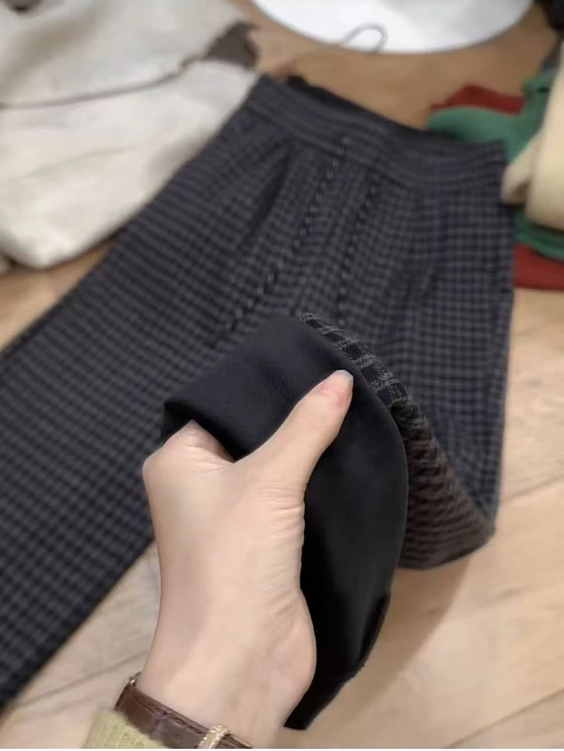 七言家巨好穿!    #升级版韩系复古格子毛呢窄版直筒加绒裤7703@