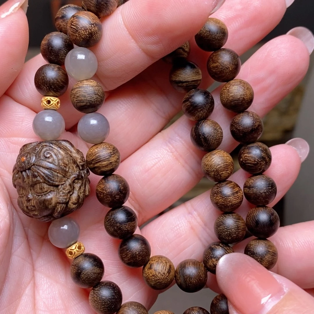沉香手串越南芽庄黄棋楠瘤疤08➕扎基沉香木雕