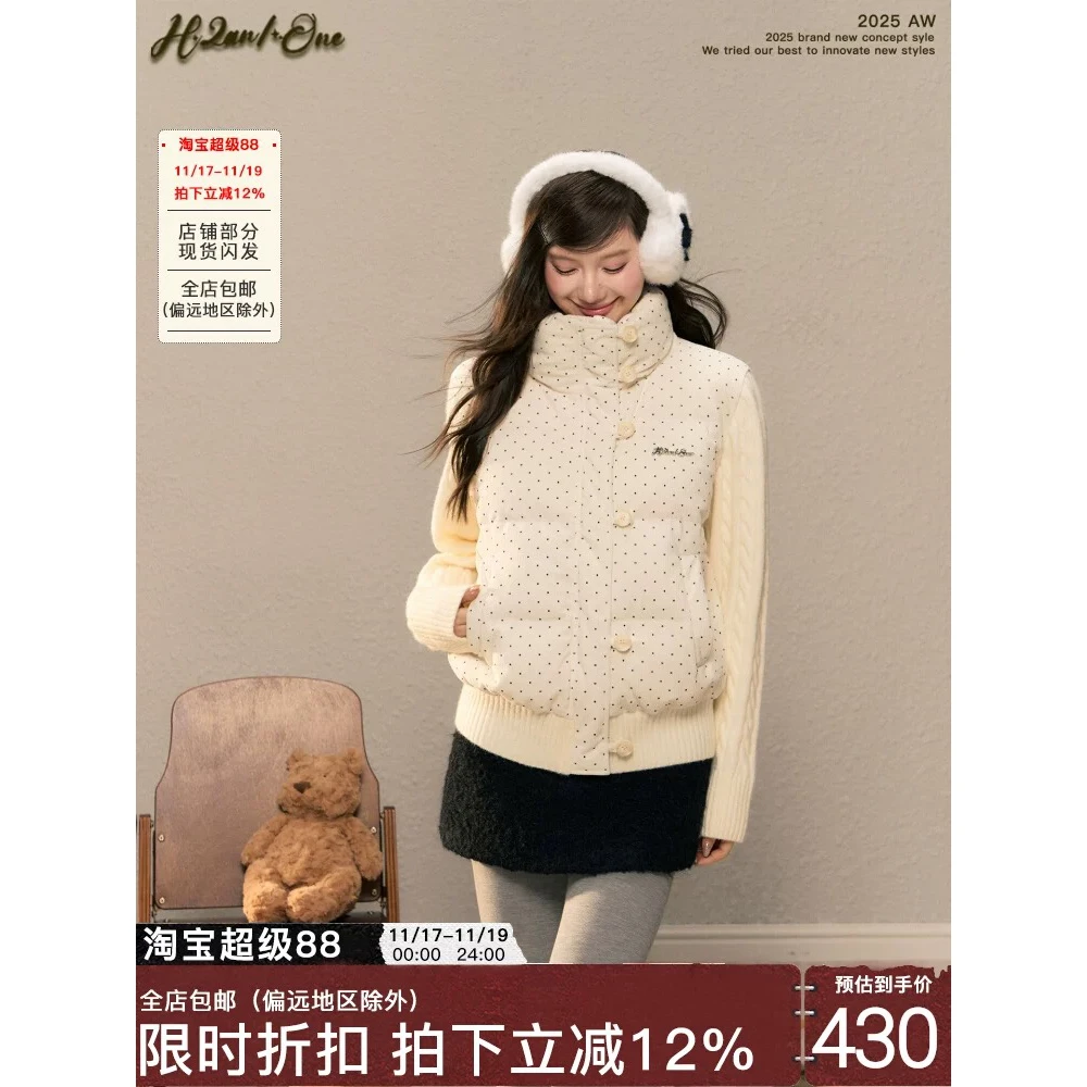 H2AN1 STUDIO波点针织拼接长袖羽绒服90白鸭绒面包服短款外套女