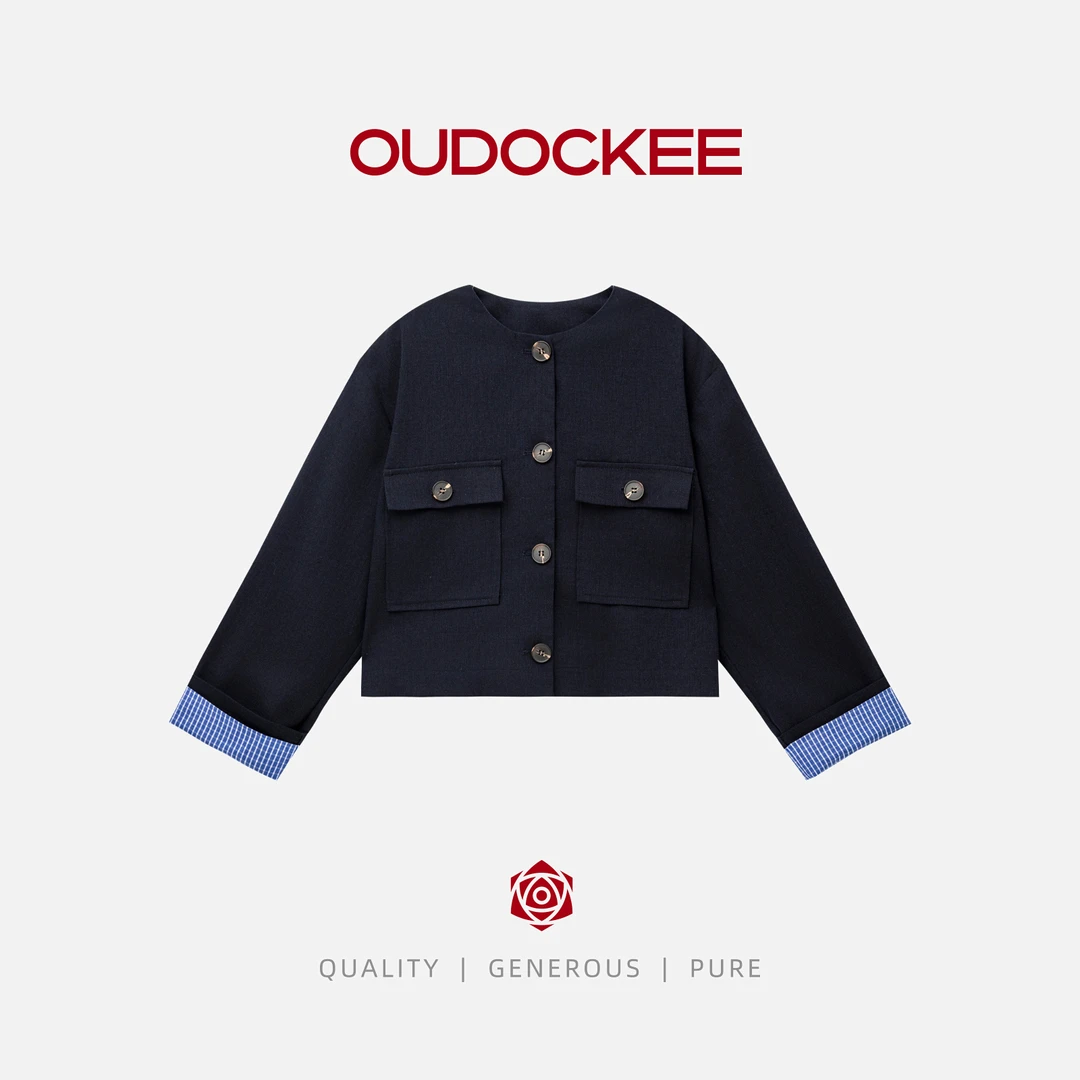 OUDOCKEE 鸥鸥 【亚麻】麻外套 藏青纯色袖口拼接外套 J2503E457T