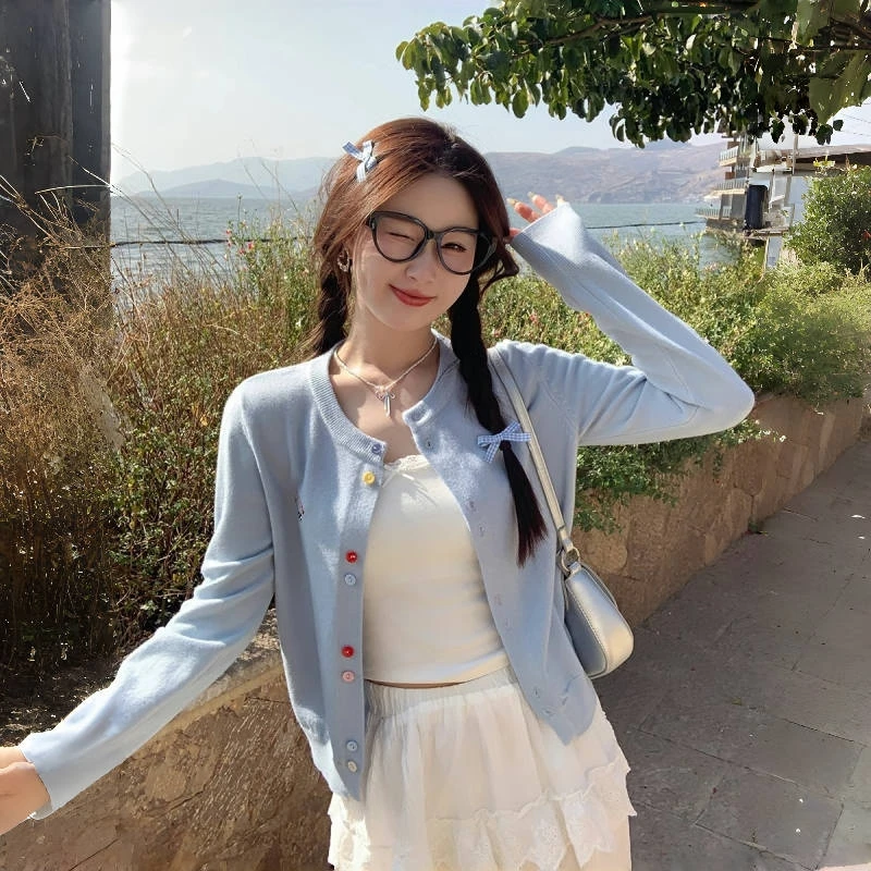 少女感腊肠狗刺绣毛衣开衫女春秋彩色纽扣减龄百搭软糯针织衫上衣