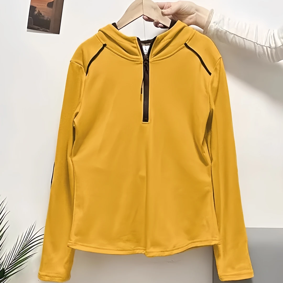 设计感拼色连帽德绒打底衫女2025春秋新半拉链长袖洋气显瘦上衣服