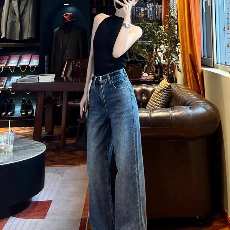 美式复古宽松直筒牛仔裤女夏季2025新款高腰显瘦时尚窄版阔腿裤子