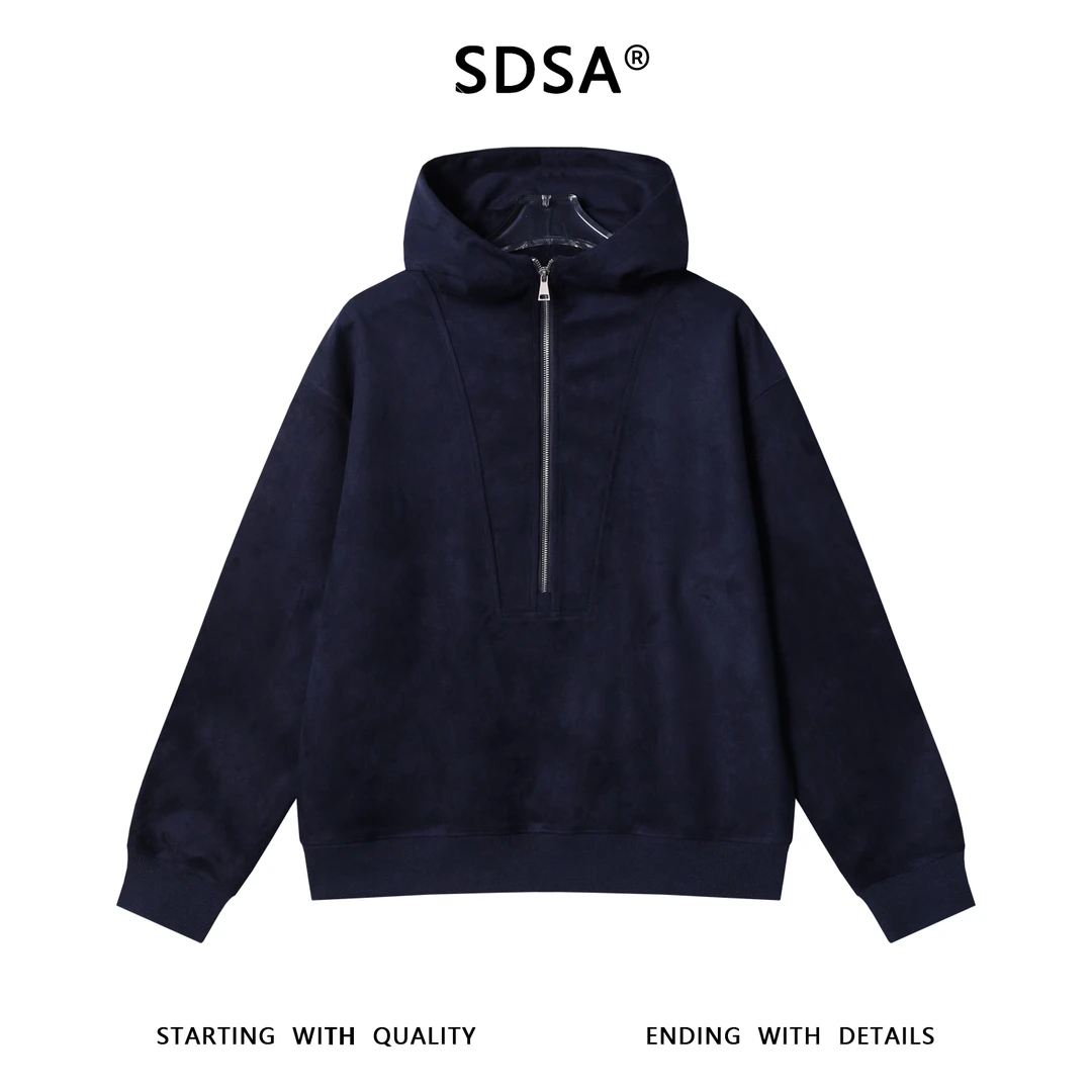 SDSA男士秋冬新款痞帅男装潮牌简约纯色半拉链连帽卫衣慵懒风上衣