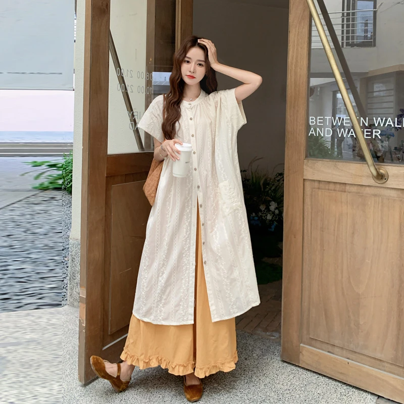 元气少女感提花罩衫阔腿裙裤2025夏季新款韩系ins风文艺范套装裤