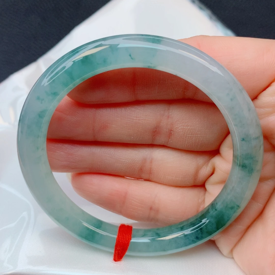 翡翠未镶嵌手镯51-52冰胶起胶光灵动飘蓝花