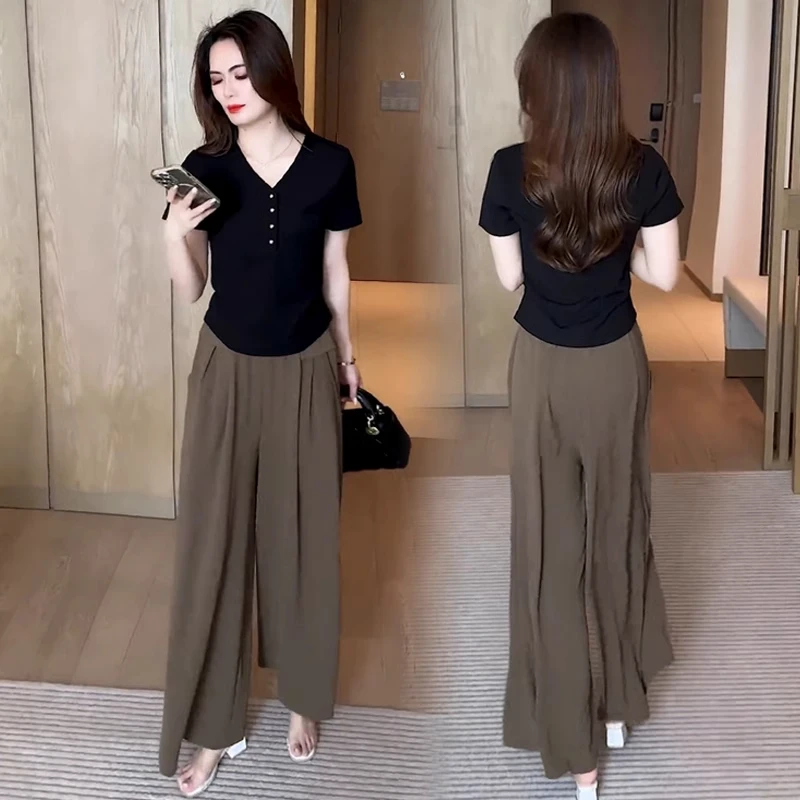 时尚洋气套装女夏季新款今年流行V领T恤上衣阔腿裤休闲显瘦两件套