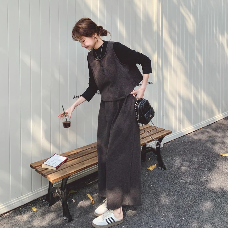 松弛感显瘦套装裤女2025早春新款韩系穿搭马甲打底衫阔腿裤三件套