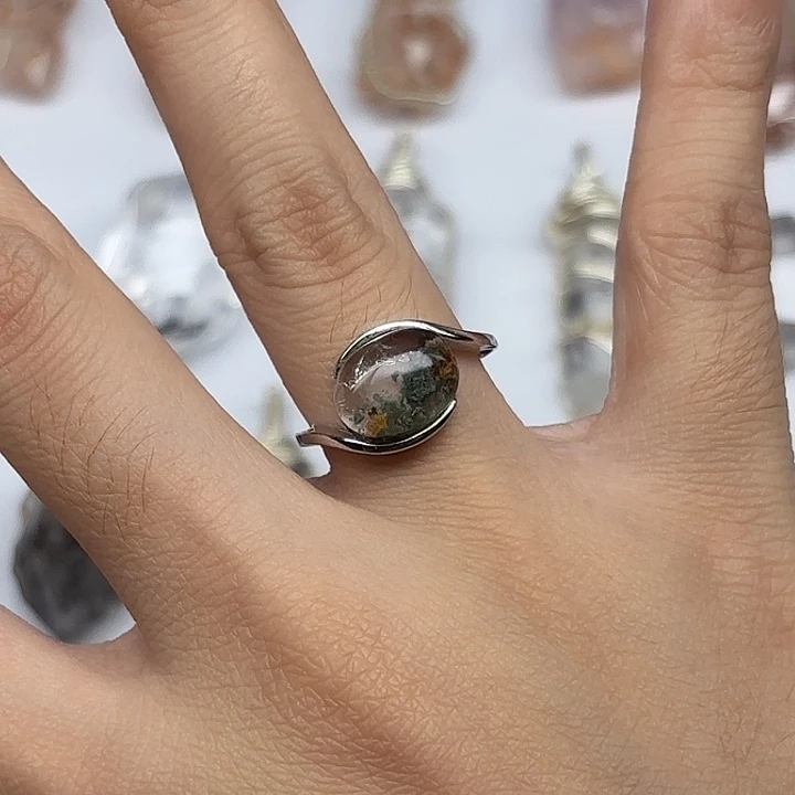 银S925镶嵌水晶戒指绿幽灵水晶戒指