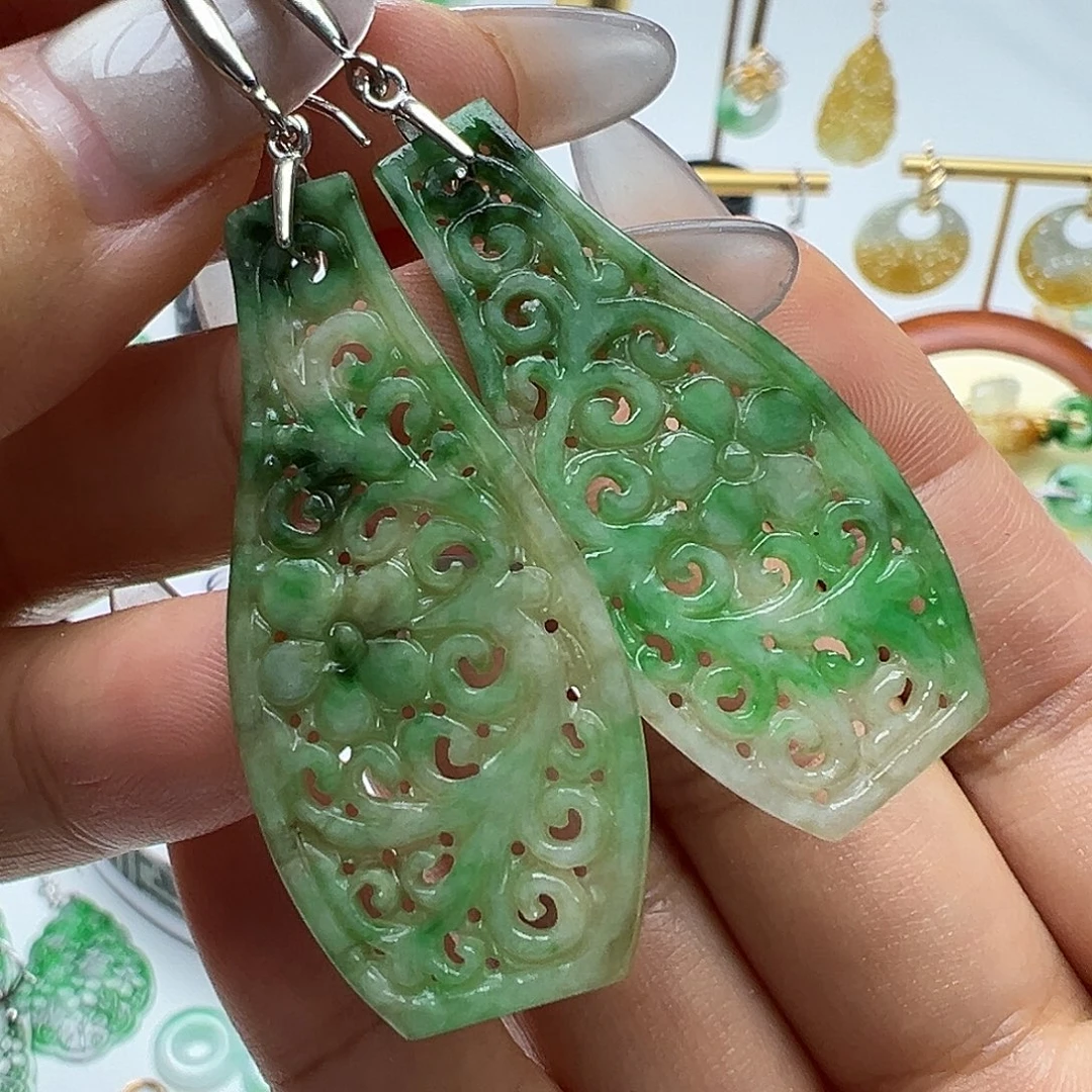翡翠银S925镶嵌耳饰天然缅甸A货翡翠