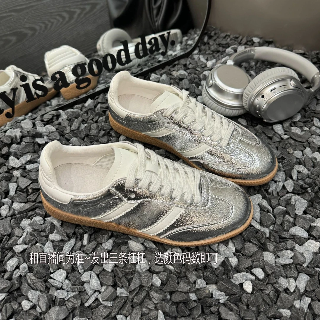 THE MIL麋鹿 银色「T头鞋」-复古百搭经典运动鞋真皮休闲阿甘德训鞋