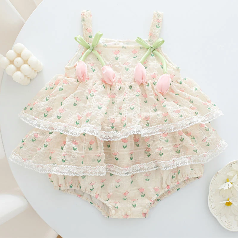 【专柜】夏季婴儿薄款包屁衣洋气女宝宝吊带花边连体衣满月周岁送礼