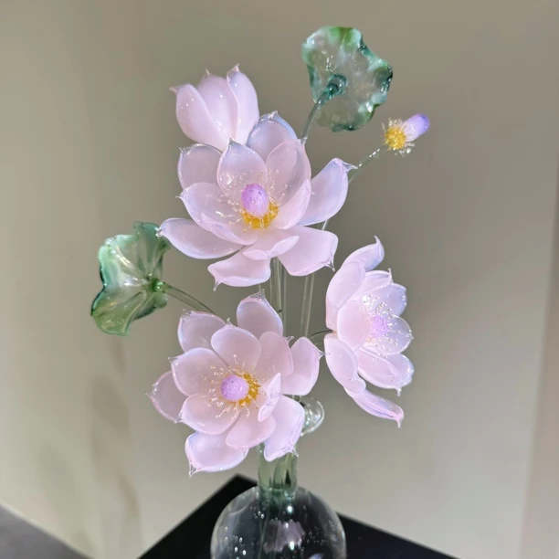 【步步生莲】纯手工琉璃烧制粉色莲花永生花家居摆件礼物