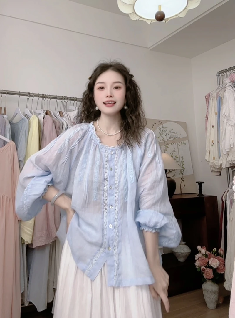 可衣-【蓝色冰】森系蕾丝花边拼接苎麻衬衫女长袖甜美防晒外披