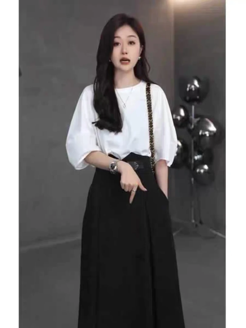 名媛风爆款女装2025年夏季新款时尚宽松纯色套头打底衫过膝半身裙