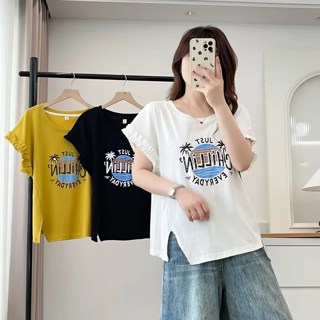 花边袖子开叉款    显瘦遮肉 宽松  百搭夏季减龄设计感圆领T恤