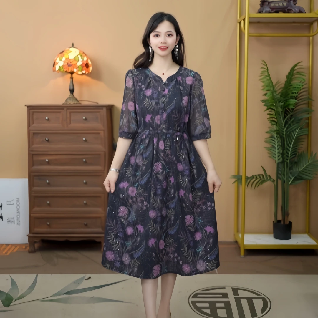 52299  短袖连衣裙复古文艺收腰长裙碎花显瘦女装长裙