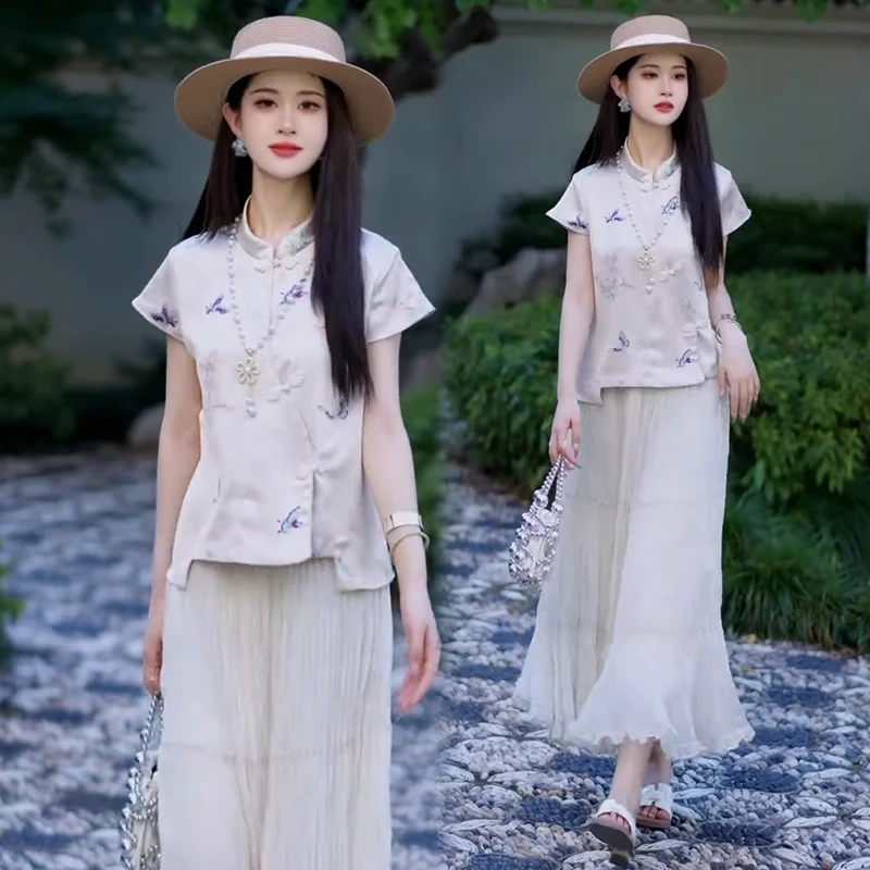 新中式国风套装裙女2025夏新款时髦洋气盘扣短袖上衣半身裙两件套
