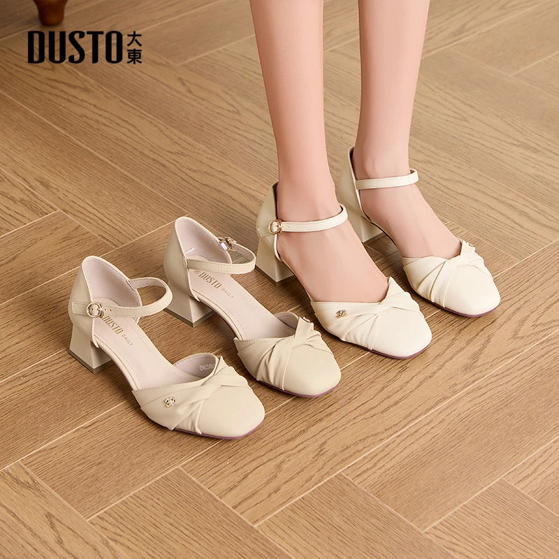 大东法式粗跟包头凉鞋2025夏季新款后空方头中跟显高外穿女鞋0017