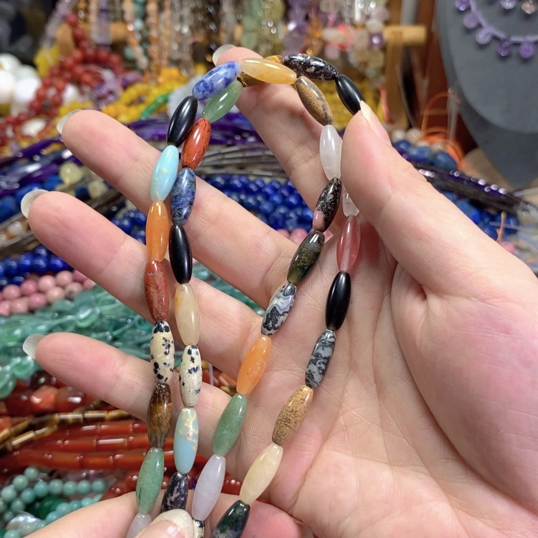 玛瑙/玉髓足银镀金镶嵌珠宝半成品多宝米珠一条卡6*16mm