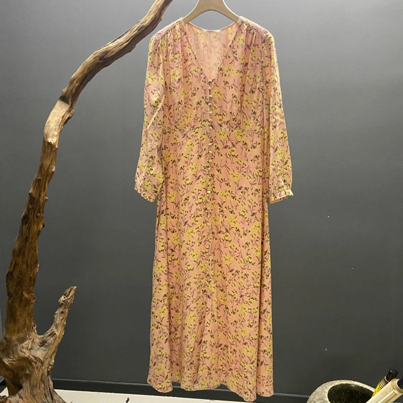 墨枝 气质V领印花桑蚕丝连衣裙D900A874