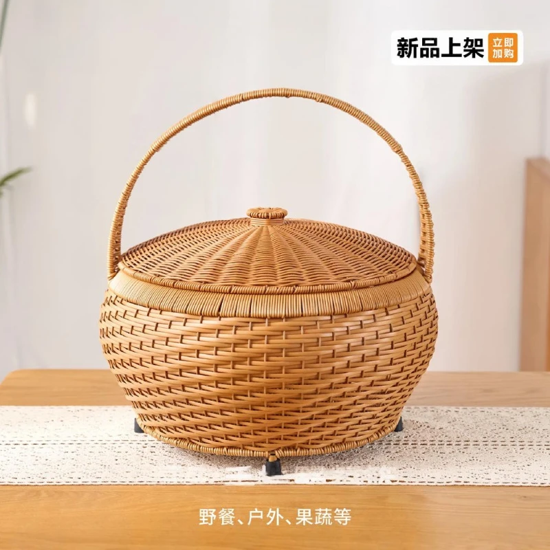 TY50圆形大容量手提野餐篮带盖篮水果零食手提篮户外菜篮拜拜篮