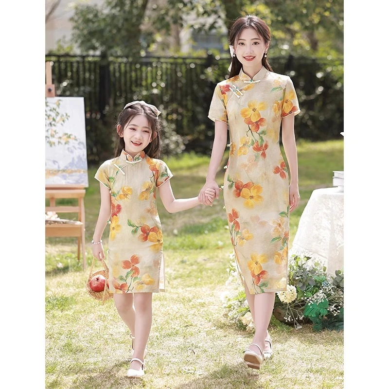 【633】亲子装旗袍母女女童棉麻连衣裙复古亲子款2025新款