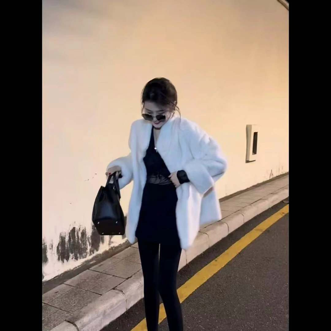 【姜千万】气质显瘦中长款立领挽袖环保毛毛外套