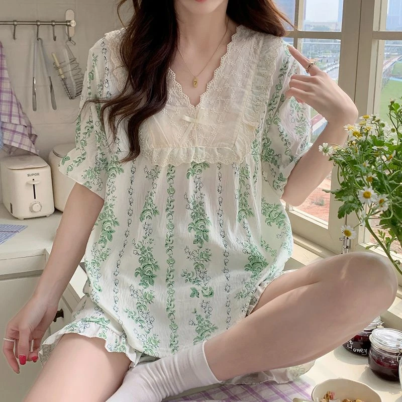 碎花云朵绵2025夏天短袖睡衣女套装家居服简约纯色女睡衣老婆蕾丝