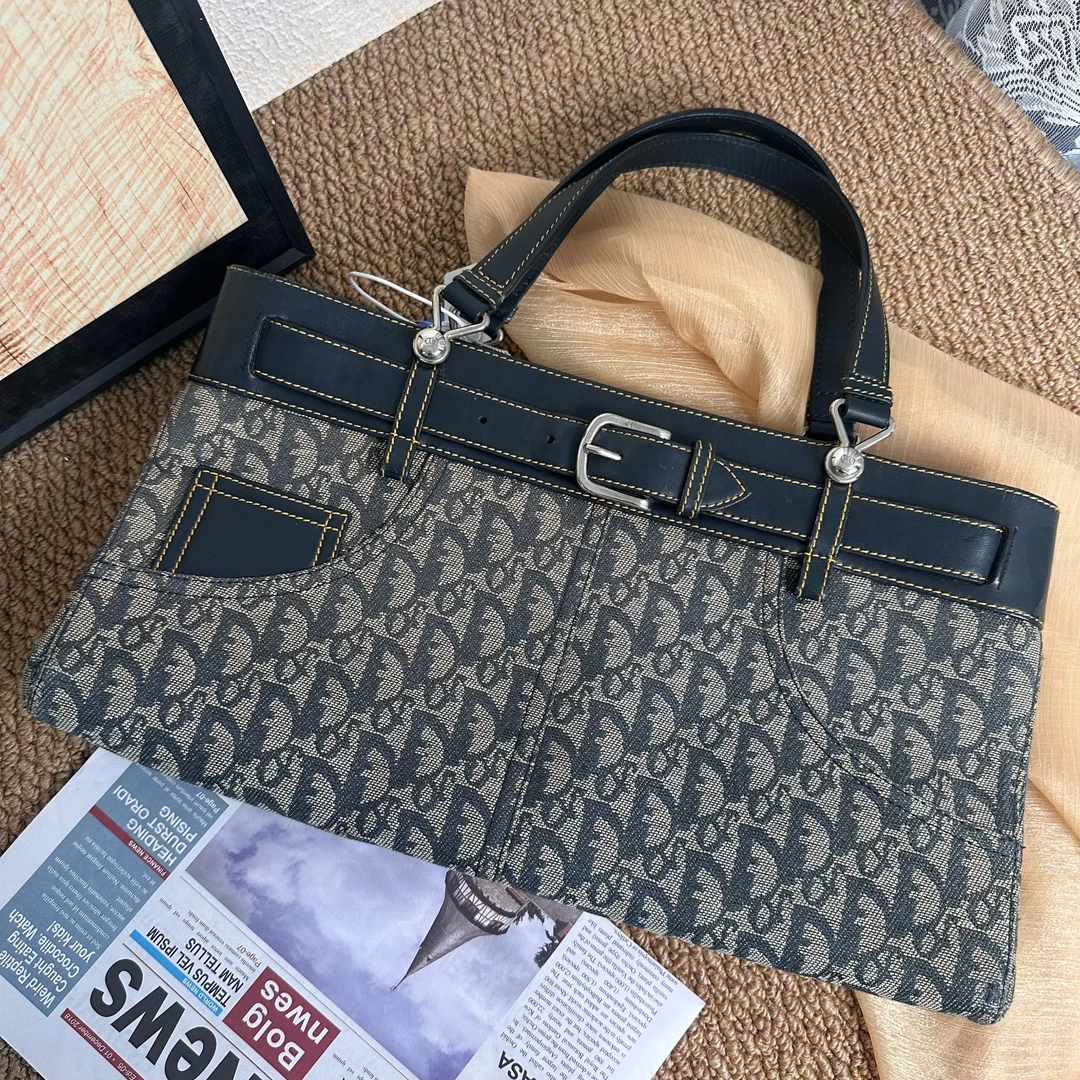 95新 DIOR/迪奥 XM/复古老花蓝黑牛仔裤手提托特包/BB12125318