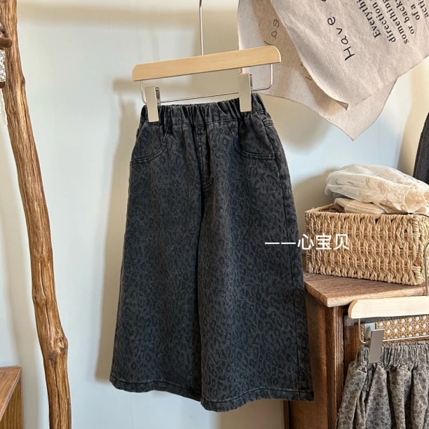 78春季新款女童韩版豹纹牛仔阔腿裤