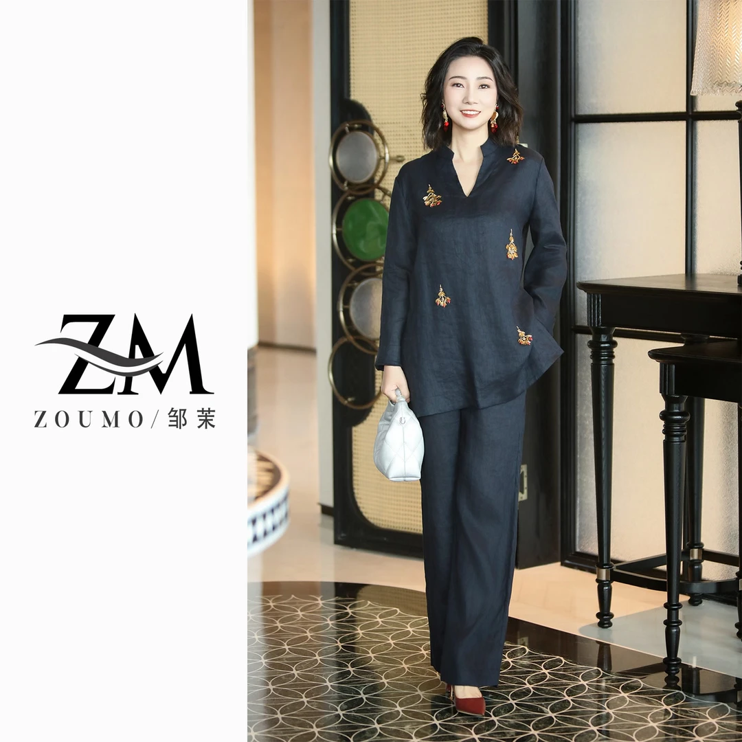 邹茉设计款气质休闲百搭显瘦亚麻长袖休闲通勤套装