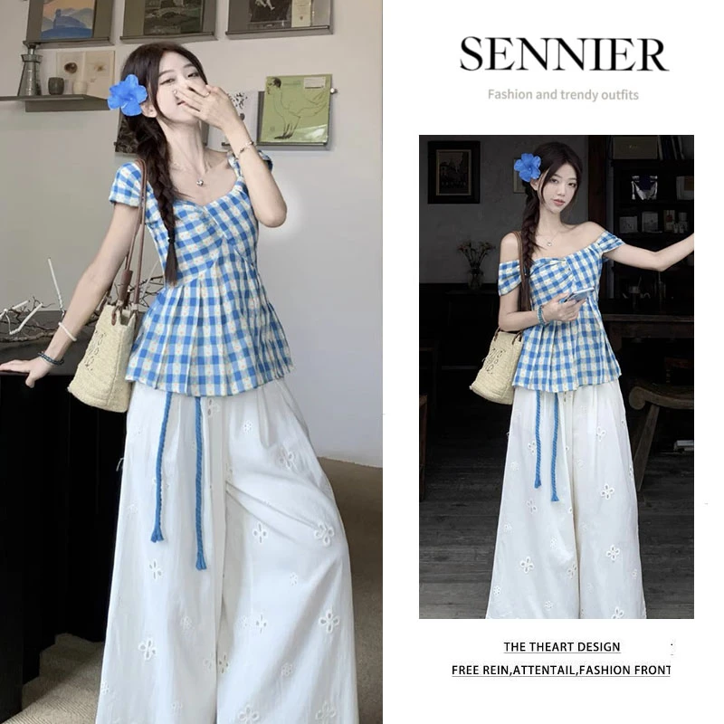 时尚穿搭一整套2025新款韩版设计感漏肩格子上衣宽松阔腿裤两件套