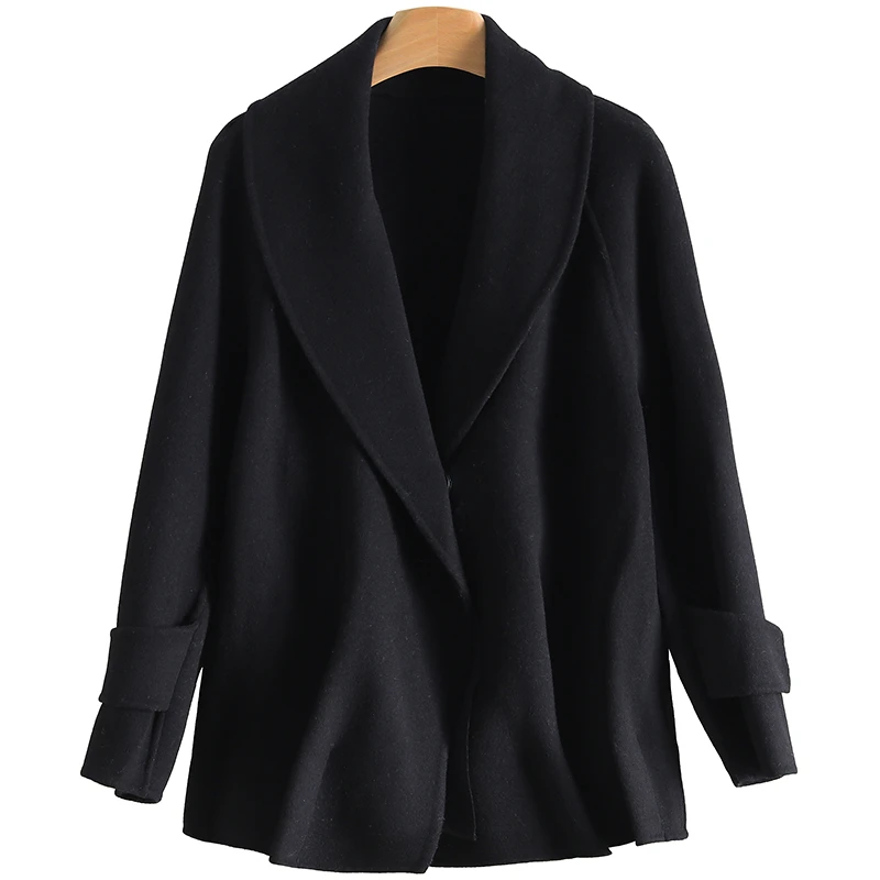 【伍莎-自营】大翻领暗扣宽松休闲双面呢外套#YZT48B019