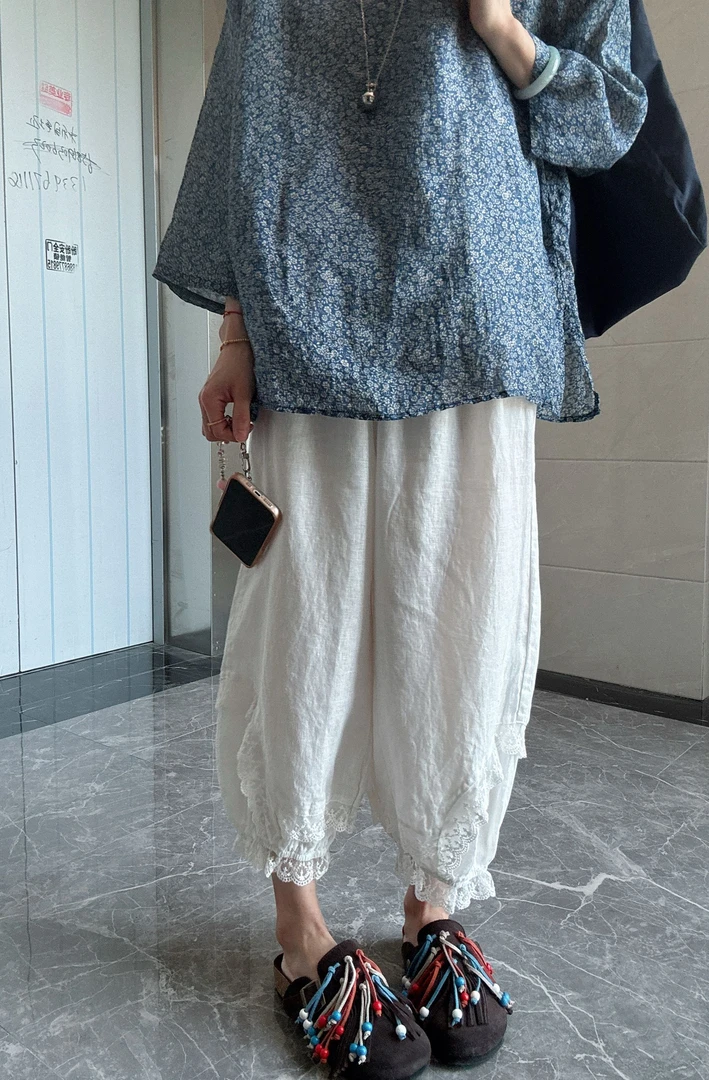 夏季9分复古森系亚麻束脚花边休闲裤女