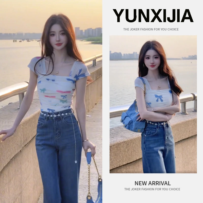 2025新款夏季女气质修身短袖上衣辣妹设计感百搭牛仔长裤两件套
