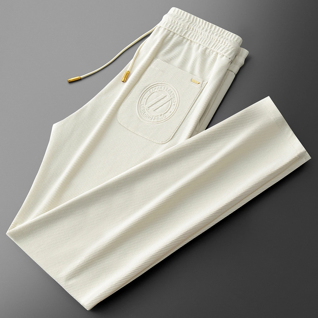 夏季轻奢高端立体斜纹棉质冰丝裤子男薄款男士运动直筒卫裤休闲裤