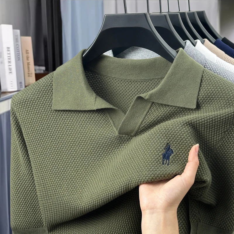 纯色菠萝纹肌理海鸥领夏季刺绣透气100棉时尚休闲针织POLO衫短袖T