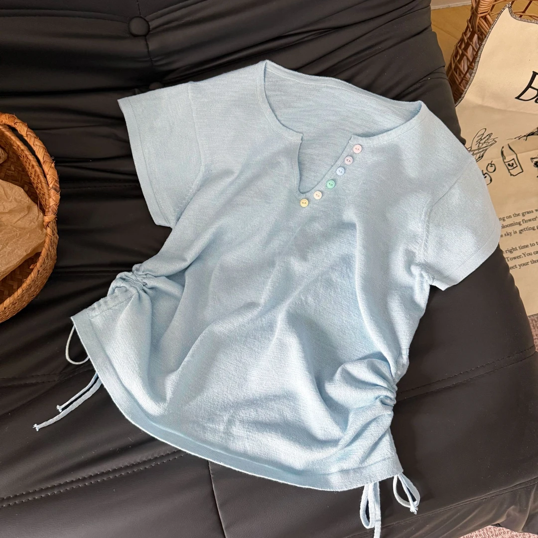 蓝色V领减龄复古短袖t恤女夏季新款薄款抽绳褶皱收腰显瘦上衣