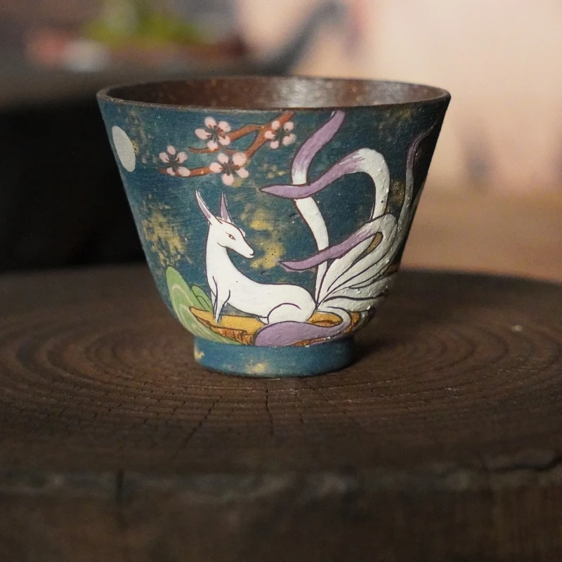 【杨一】山海经九尾狐岩矿紫砂描银全手主人杯-60ml