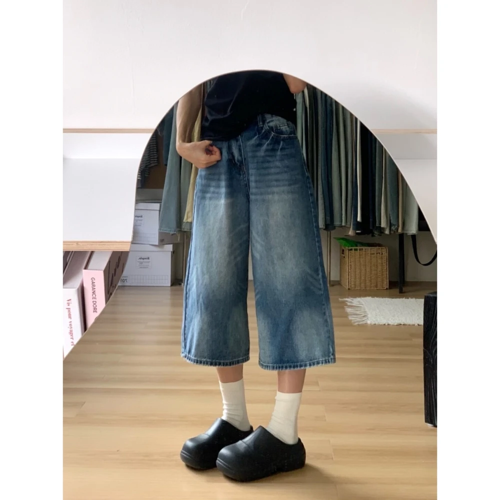 大码复古水洗蓝七分牛仔短裤女2025春季新款闪电纹宽松阔腿直筒裤