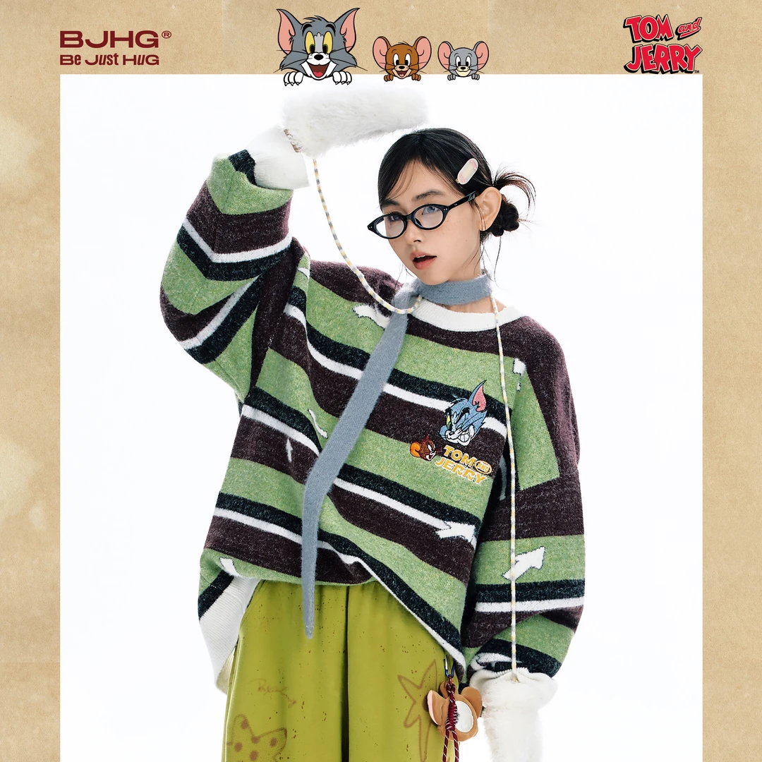 BJHG不计后果猫和老鼠联名复古毛衣男款2025新款秋休闲条纹上衣女