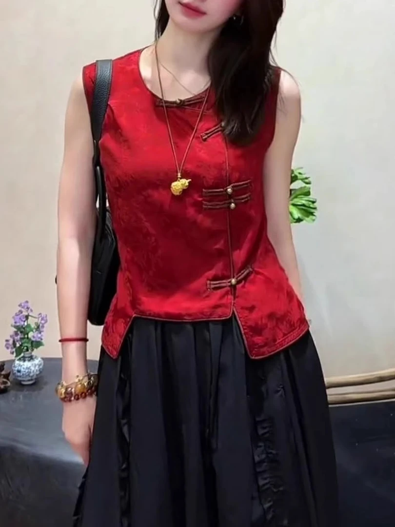 红色圆领无袖背心2025夏季新款女装斜襟门盘扣设计新中式国风上衣