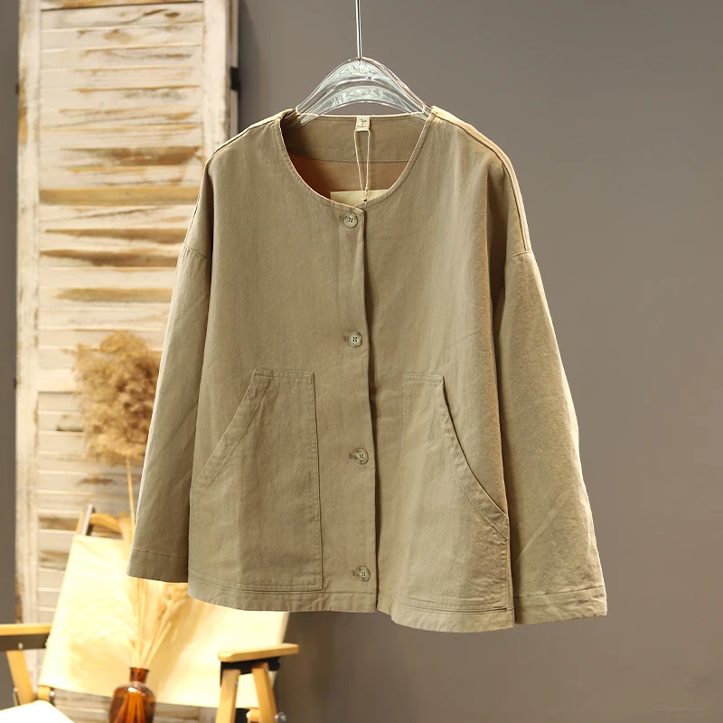 2025春款新品百搭舒适棉麻宽松大码外套口袋日系通勤纯色亚麻开衫
