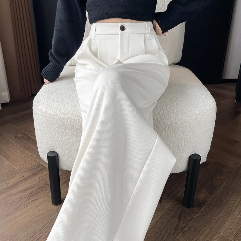 毛呢高腰窄版阔腿裤女2025秋冬季女装加绒直筒休闲拖地裤女L0972