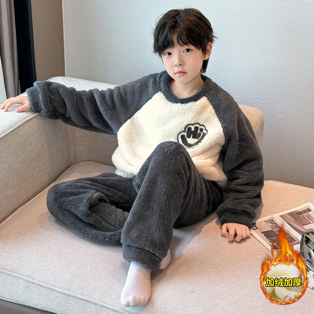 儿童装男童睡衣秋冬款冬季法兰绒加厚男孩家居服加绒中大童珊瑚绒