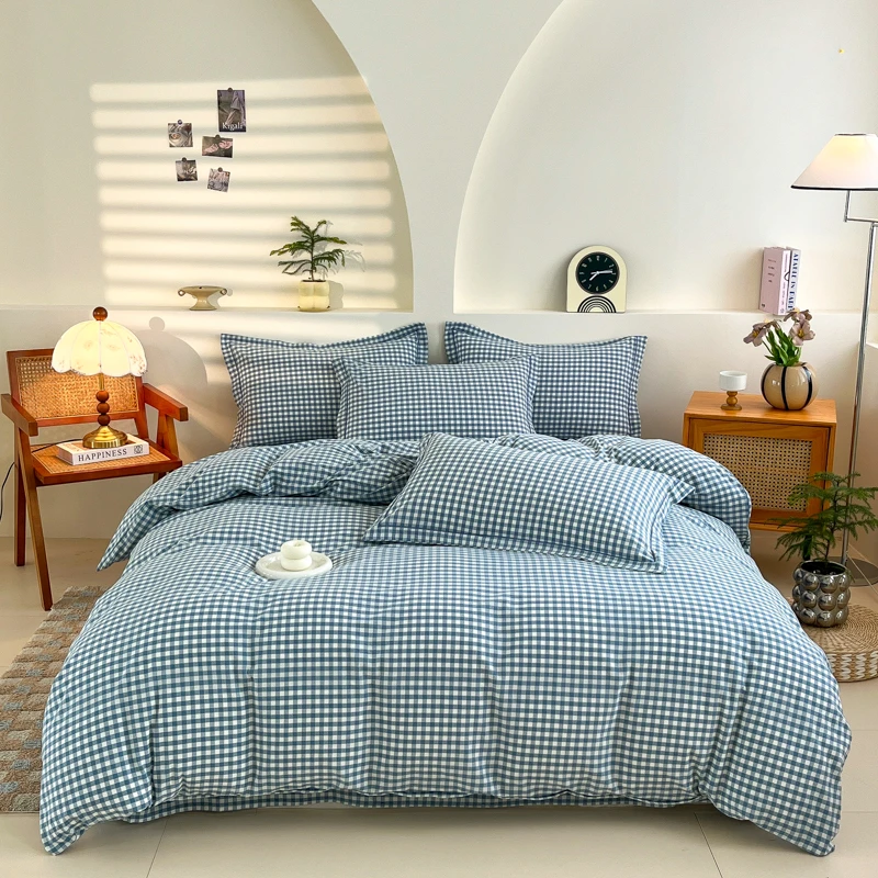 浅蓝小格/A类100%色织全棉四件套简约格子款透气床上用品床裙被套
