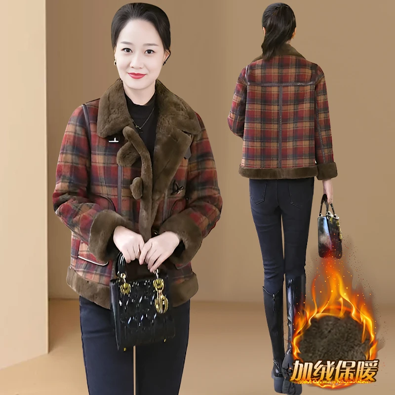 美拉德格子毛毛外套女秋冬季2025新款加绒加厚外套超好看保暖上衣